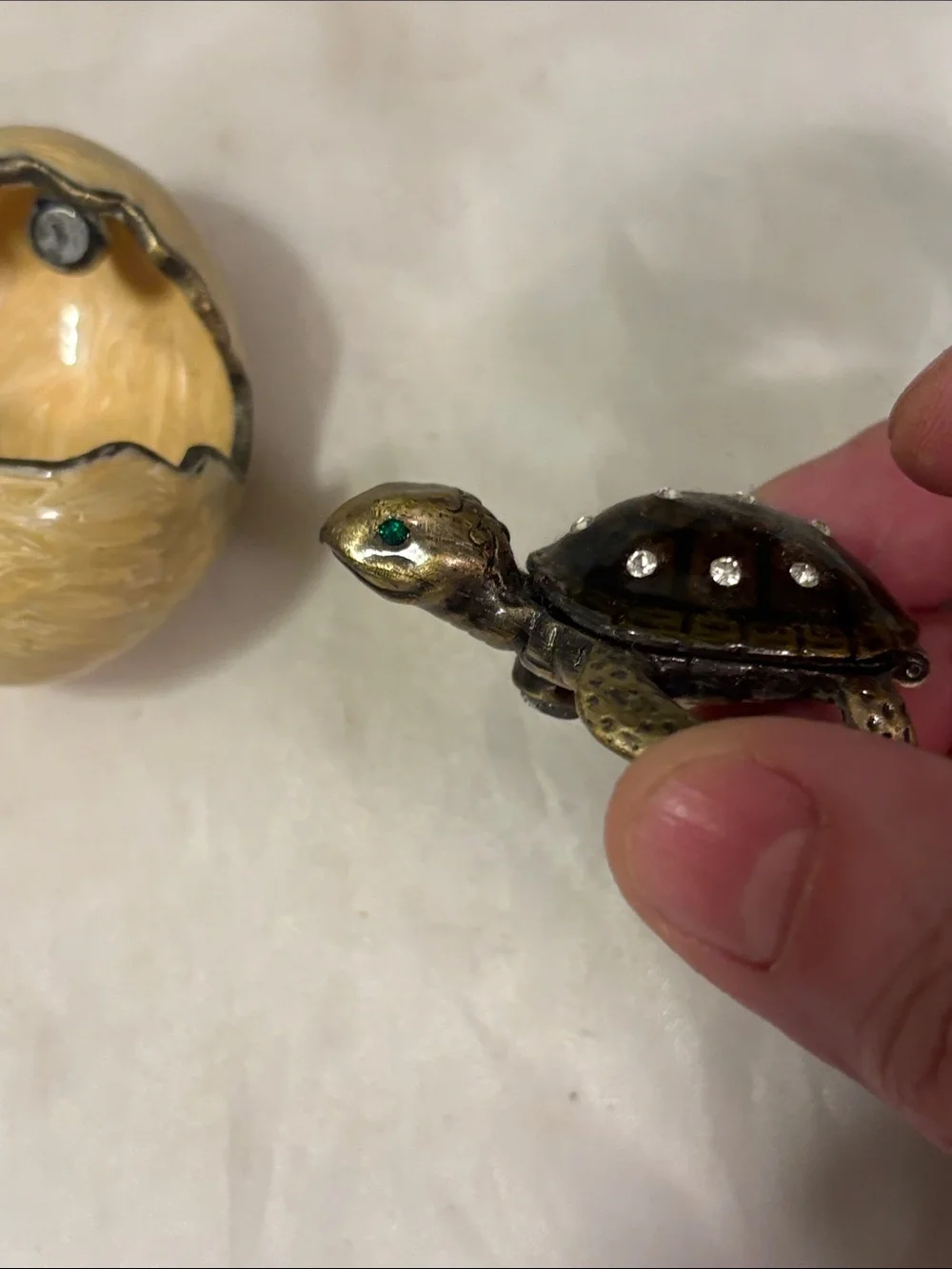 Turtle Hatching Trinket Box with Rhinestones - Cream & Brown